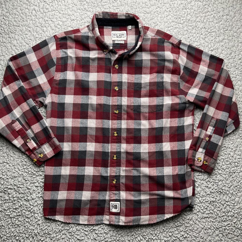 Real Work Wear Flannel Shirt Mens XL Red Plaid Long Sleeve Lumberjack